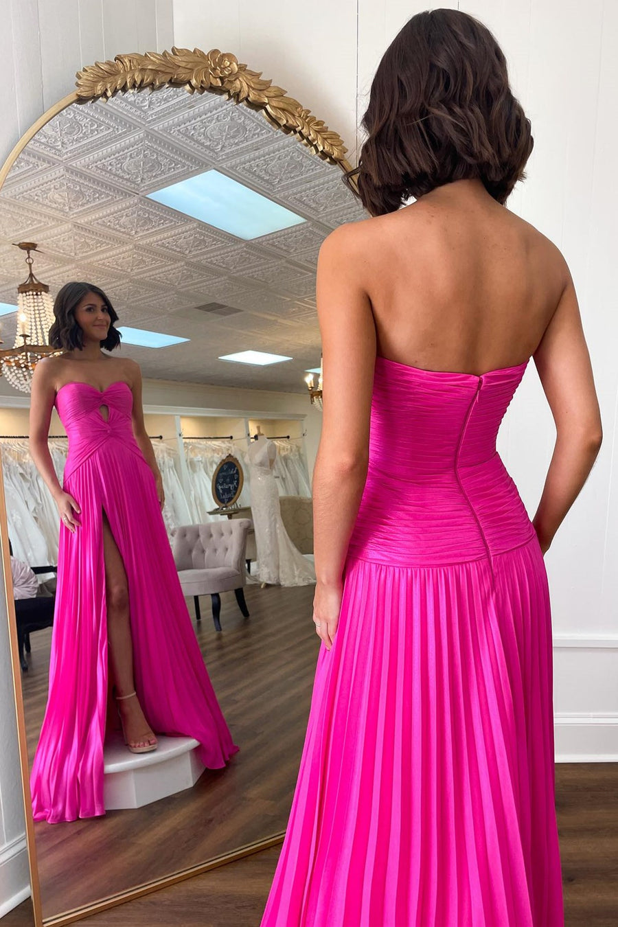 Strapless Keyhole Pleated A-Line Prom Dress in hot pink