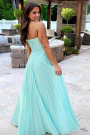 back of Strapless Keyhole Pleated A-Line Prom Dress in aqua blue