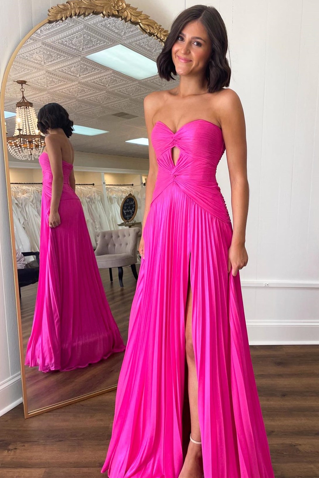 Strapless Keyhole Pleated A-Line Prom Dress in hot pink