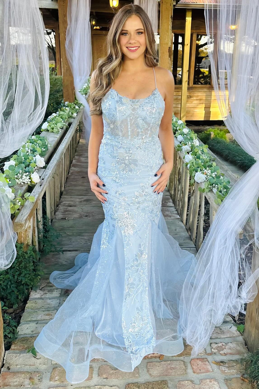 Light Blue Sequin-Embroidered Trumpet Long Gown