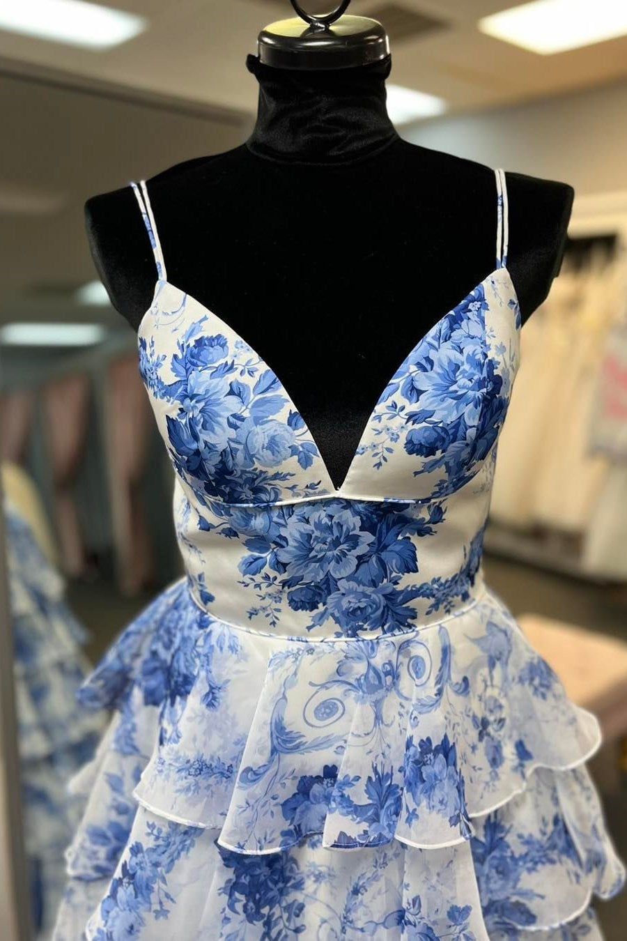 Blue Print V-Neck Ruffle Tiered Long Dress with Slit