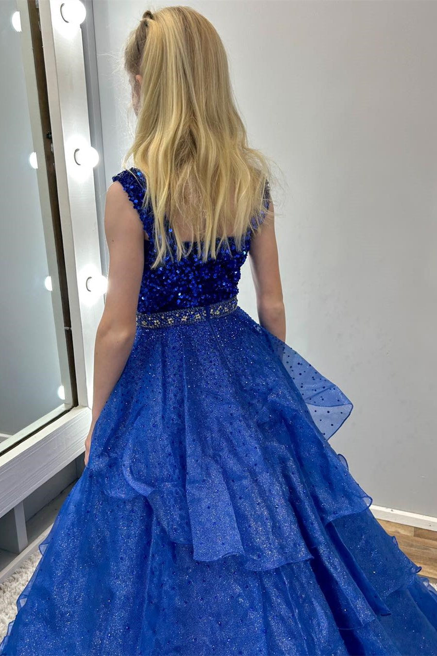 Royal Blue Sequin Beaded Multi-Layer Ruffle Girl Pageant Gown