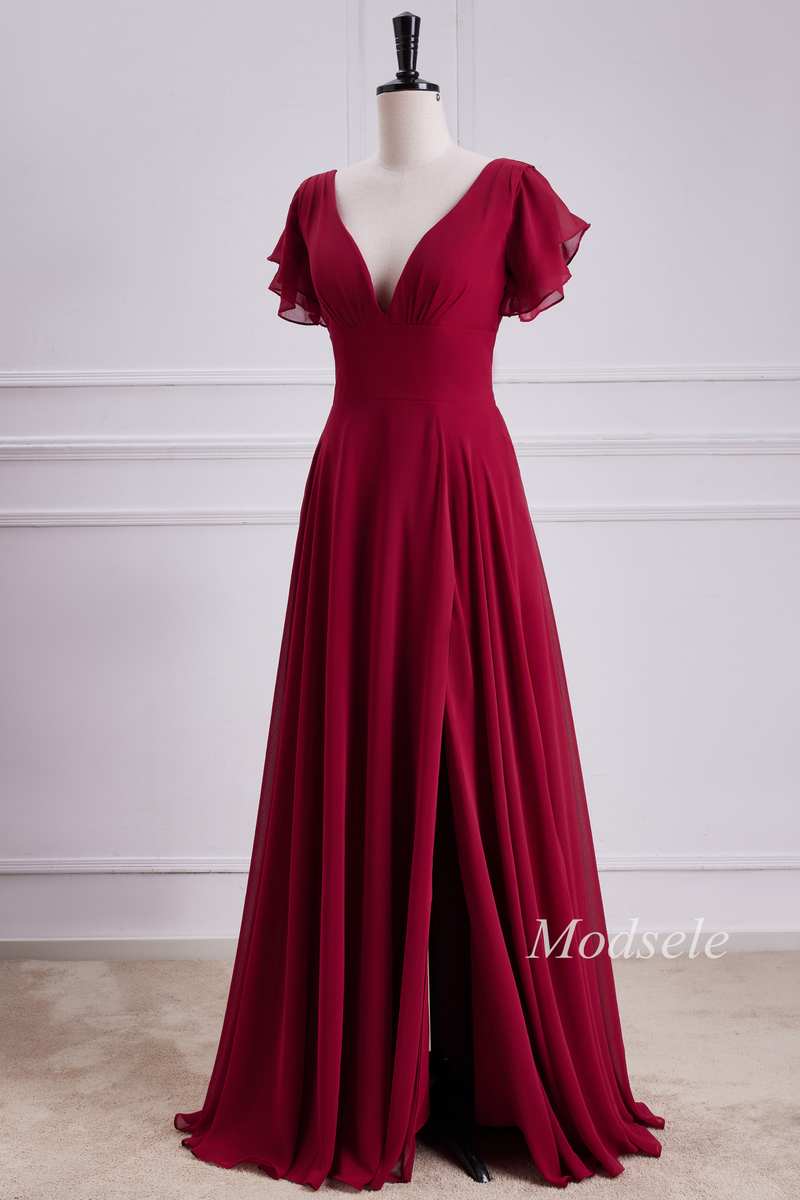 V-Neck Chiffon Maxi Dress with Flutter Sleeves in Red