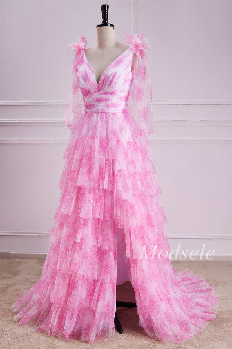 Tiered Ruffle V-Neck Bow Strap Tulle Long Gown in Pink Print