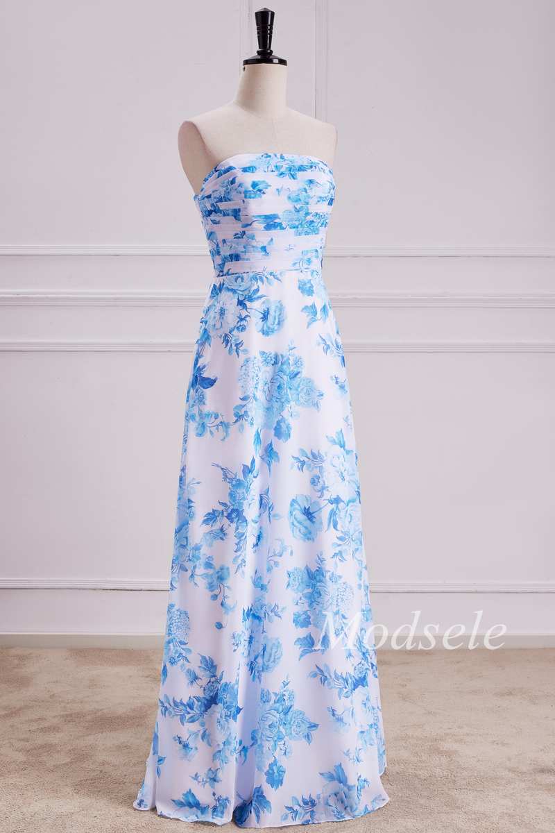 Floral Print Shirred Bodice Strapless Maxi Dress