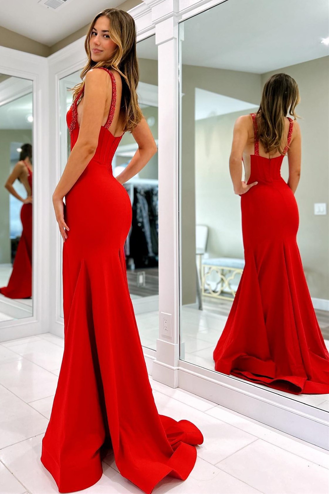 Red Beaded Corset Mermaid Long Gown with Slit