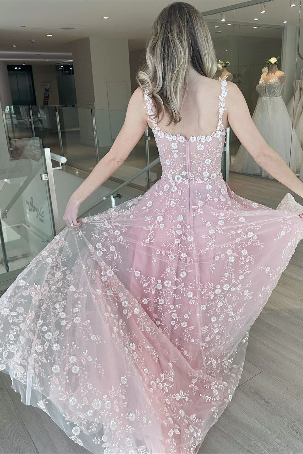 Pink Floral Lace Corset Tulle Prom Dress