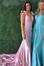 Rosette Plunge V Backless Mermaid Long Gown