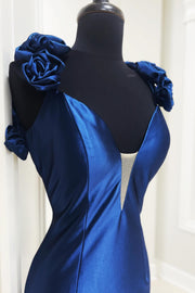 Rosette Plunge V Backless Mermaid Long Gown