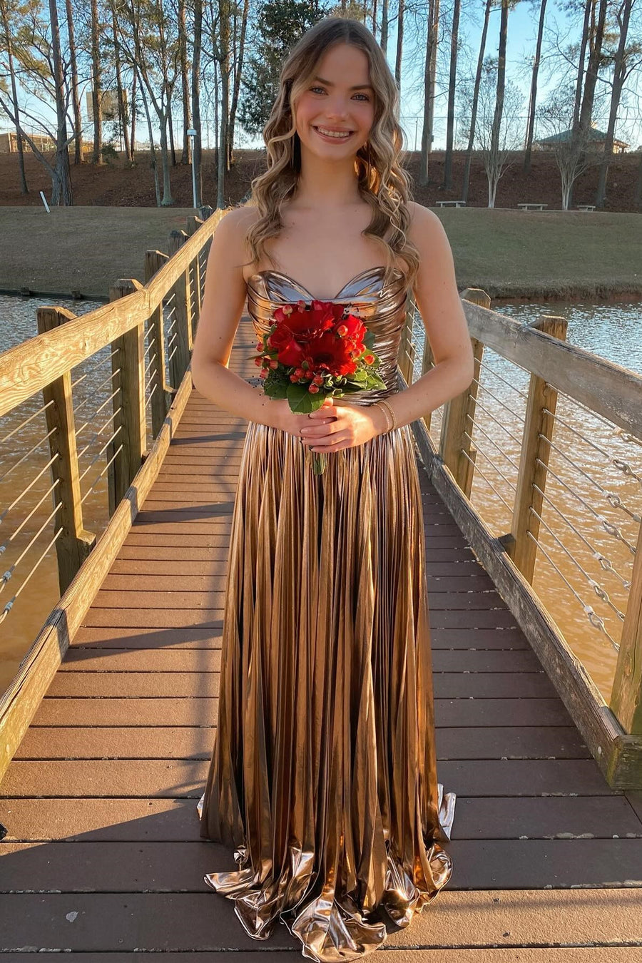Metallic Strapless Pleated Gown in Rose Gold
