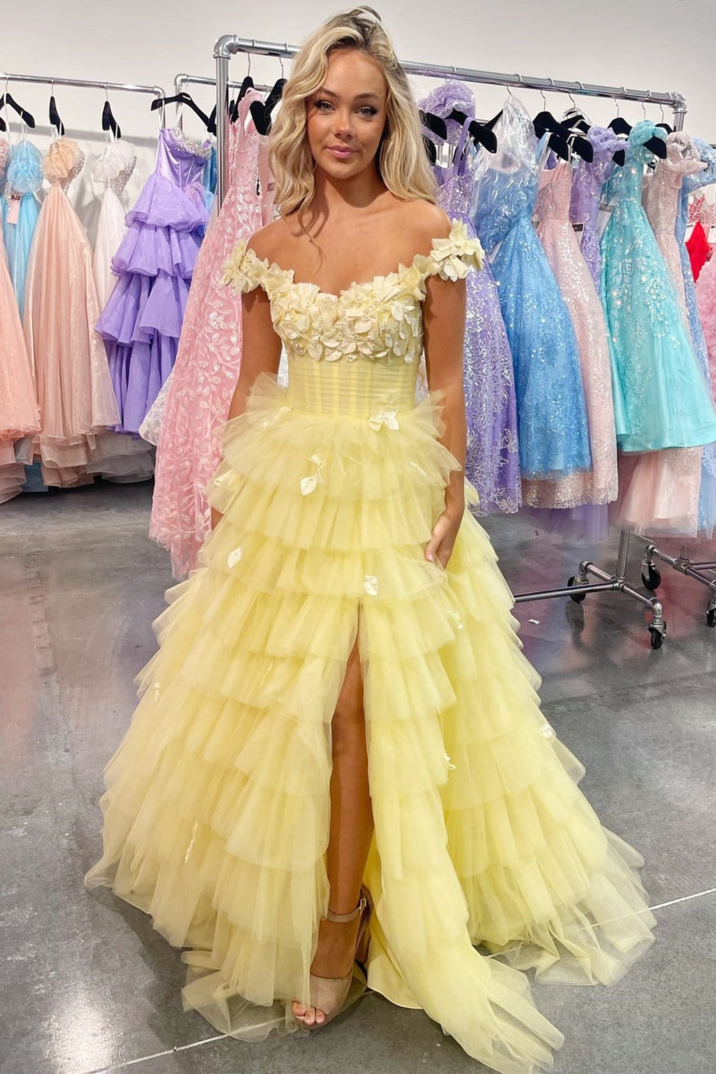 Floral Printed Off the Shoulder Ruffle Tiered Tulle Long Prom Dresses VK24051901