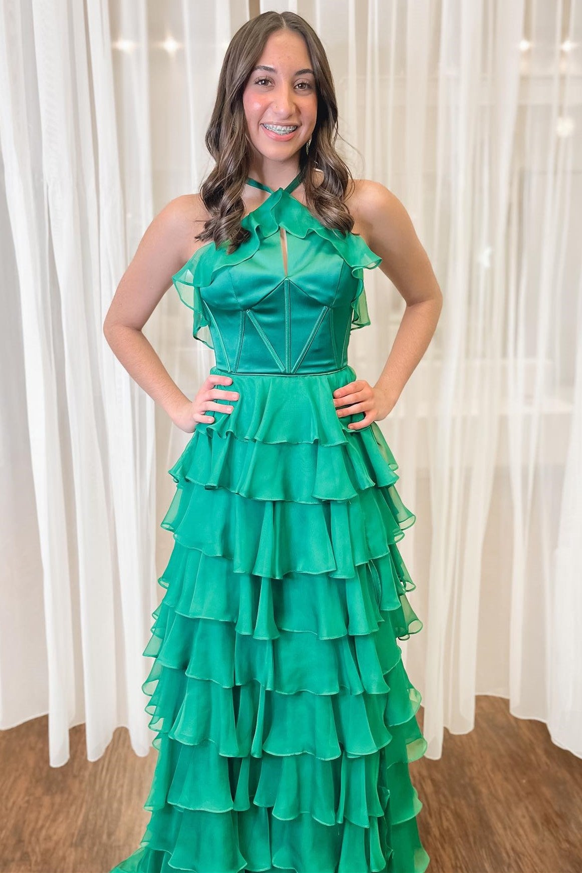 Halter Keyhole Ruffle Tiered Prom Dress with Slit