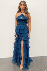 Halter Keyhole Ruffle Tiered Prom Dress with Slit