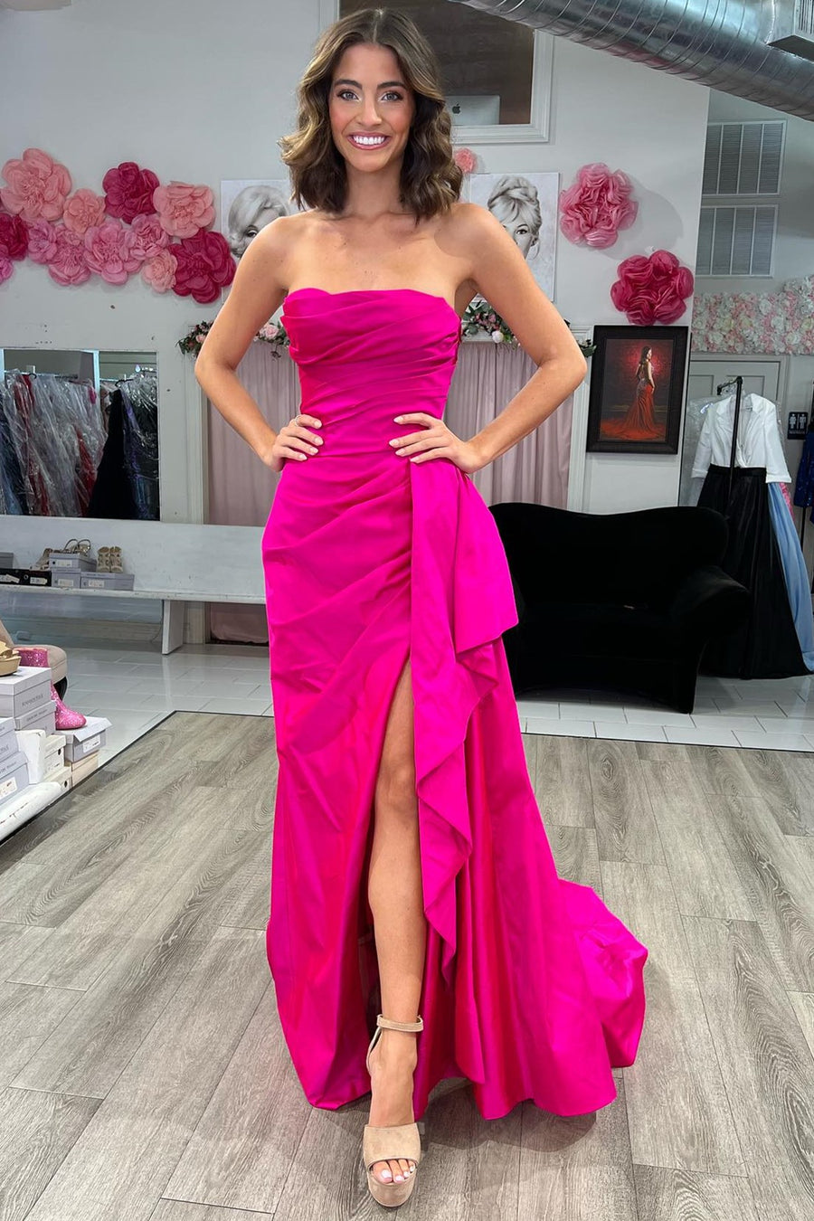 Strapless Ruched Maxi Dress with Attached Train