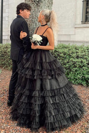 Tiered Ruffle Sweetheart Beaded Long Prom Dress in black