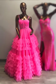 Tiered Ruffle Sweetheart Beaded Long Prom Dress in  hot pink