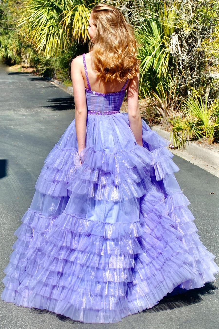 back of Tiered Ruffle Sweetheart Beaded Long Prom Dress in lavender