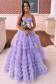 Tiered Ruffle Sweetheart Beaded Long Prom Dress in lavender
