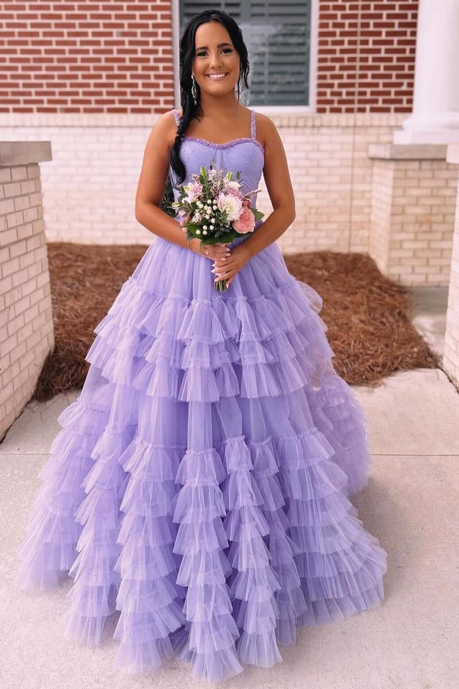 Tiered Ruffle Sweetheart Beaded Long Prom Dress in lavender