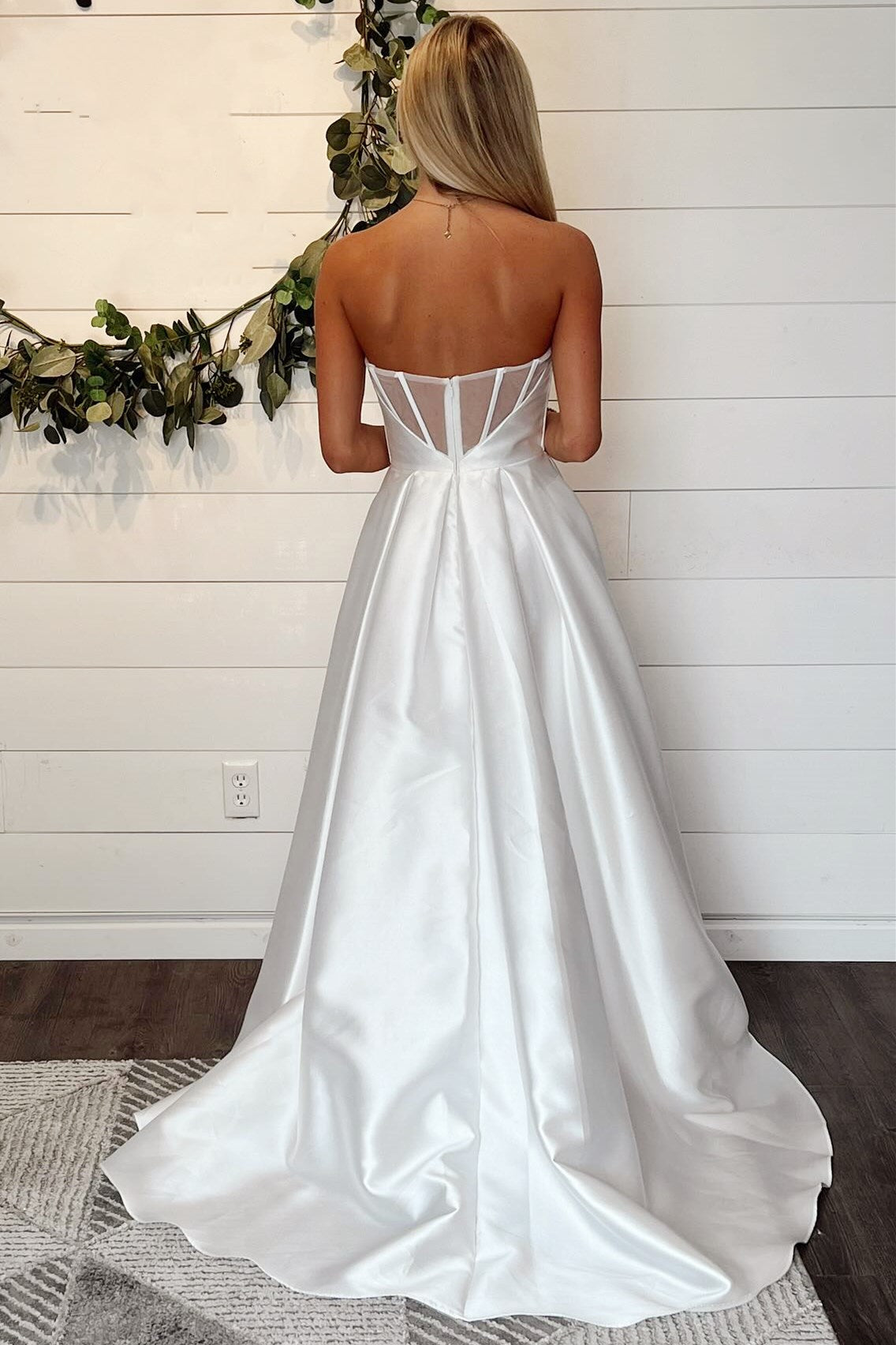 A-Line White Strapless Sheer Back Long Wedding Dress