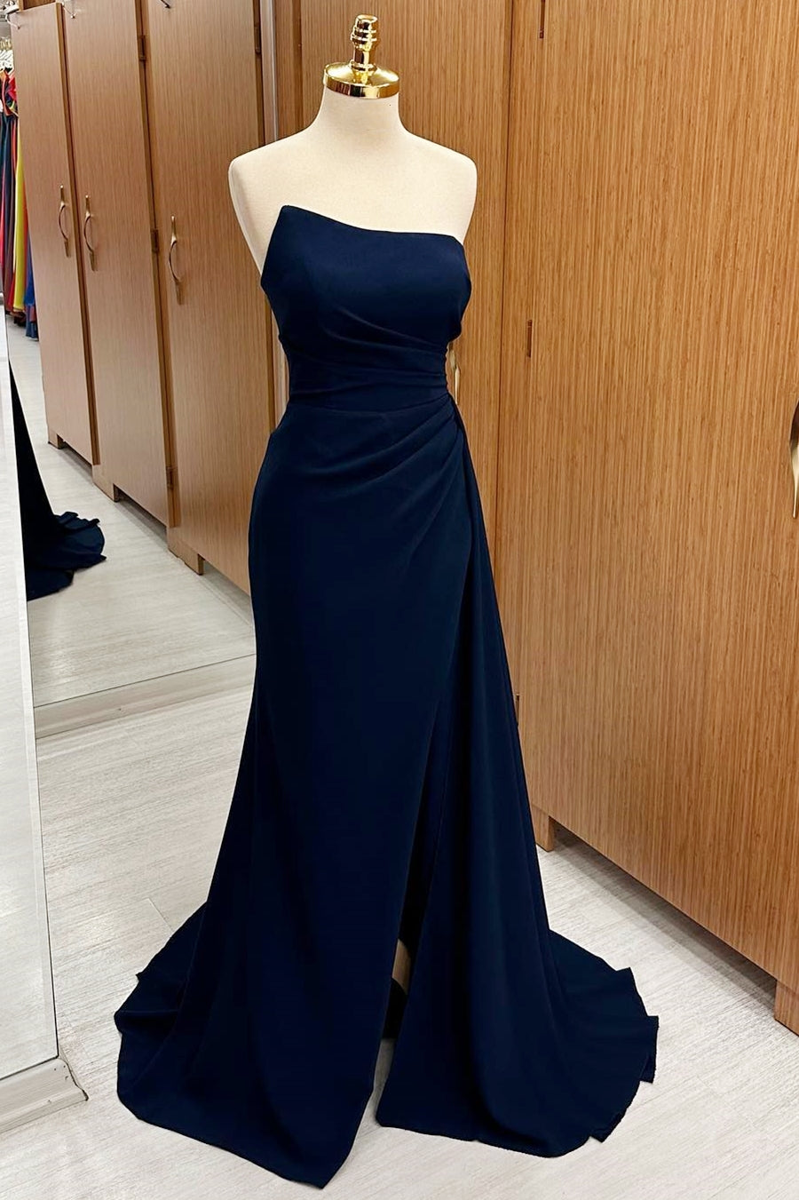 Strapless Ruched Bridesmaid Dress with Slit and Attached Train in navy blue