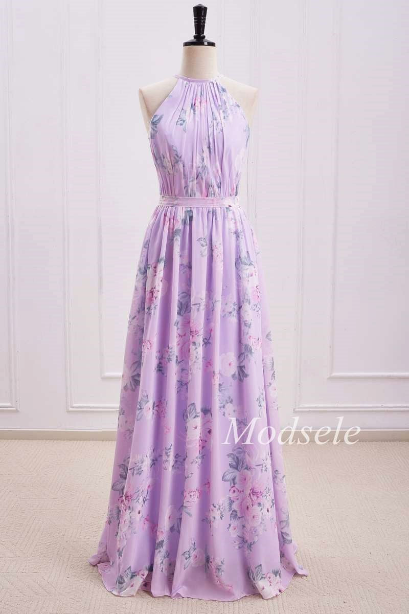 Dusty Purple Halter Keyhole Back Long Bridesmaid Dress main image 1