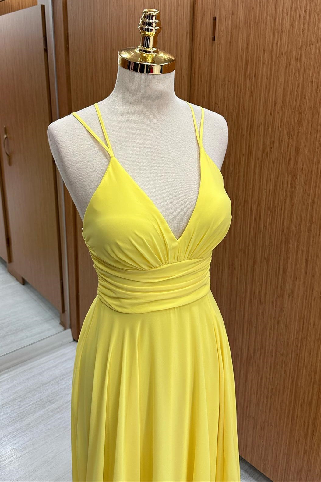 V-Neck Cross Back Chiffon Bridesmaid Dress in Yellow
