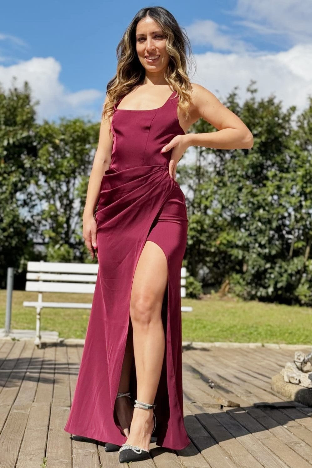 Perrie | Burgundy Asymmetric-Neck Maxi Dress With Ruched Detailing