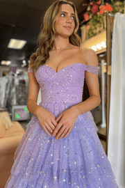Off-Shoulder A-Line Empire-Waist Sequins Tulle Purple Long Prom Dress