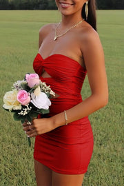 Strapless Sweetheart Keyhole Pleated Satin Tight Party Homecoming Dress