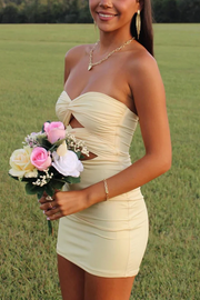 Strapless Sweetheart Keyhole Pleated Satin Tight Party Homecoming Dress