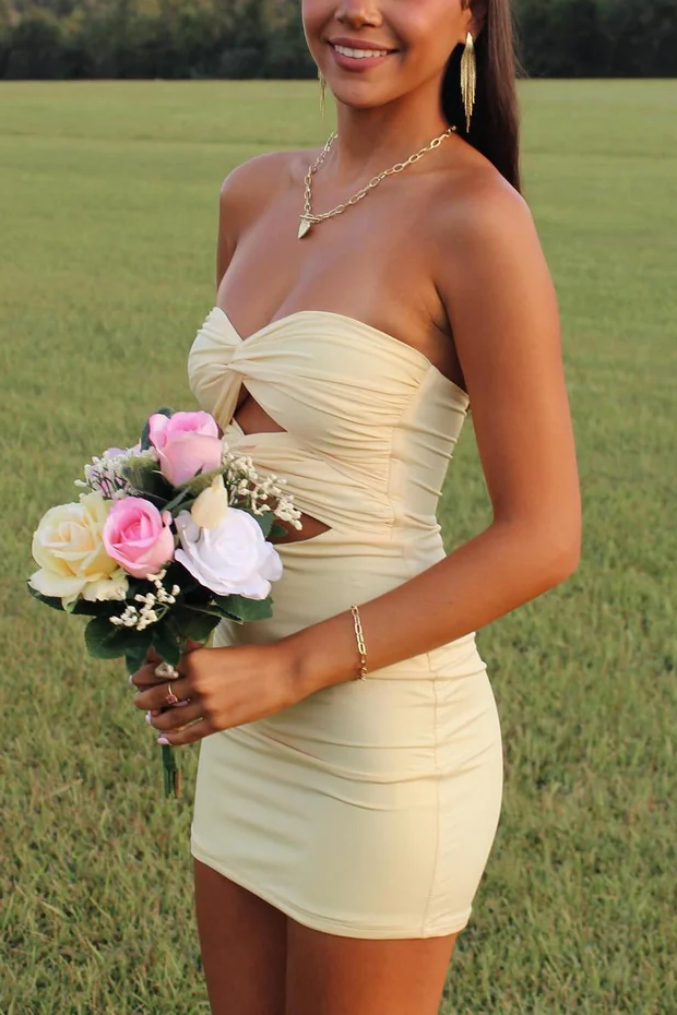 Strapless Sweetheart Keyhole Pleated Satin Tight Party Homecoming Dress