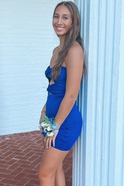 Strapless Sweetheart Keyhole Pleated Satin Tight Party Homecoming Dress