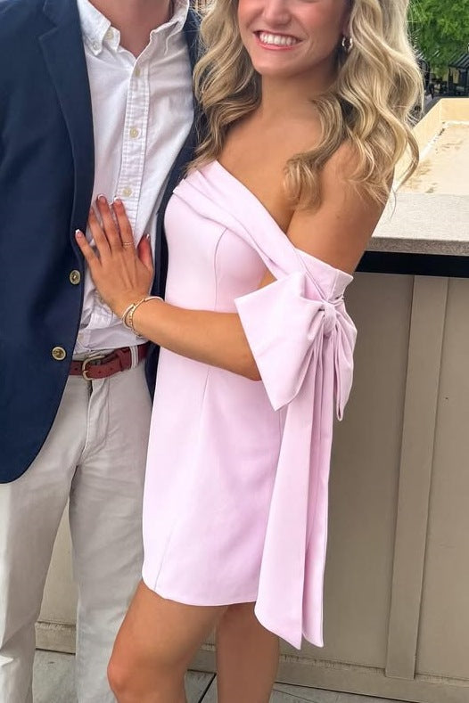 Pink Off-Shoulder Satin Short Homecoming Cocktail Dress with Bow