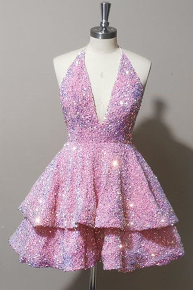 Pink Halter A-Line V-Neck Sequined Layered Short Homecoming Dress