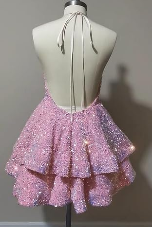 Pink Halter A-Line V-Neck Sequined Layered Short Homecoming Dress
