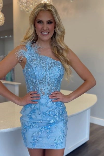 Blue One Shoulder Lace Appliques Mini Homecoming Dress with Feathers