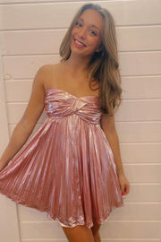 Metallic Strapless A-Line Empire-Waist Pleated Short Homecoming Dress