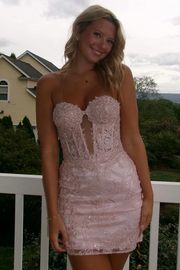 Pink Strapless Sweetheart Lace Appliques Sleeveless Fitted Homecoming Dress