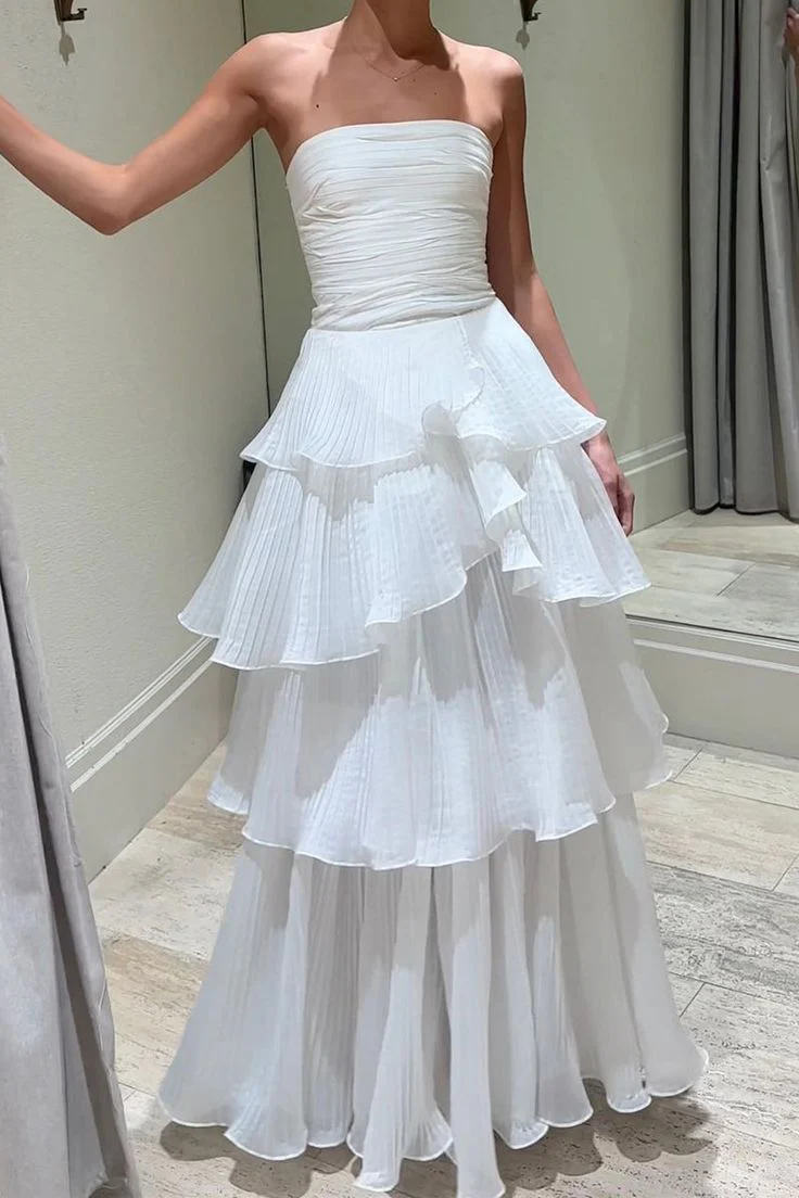 White Strapless Tiered A-Line Long Prom Dress with Ruffles