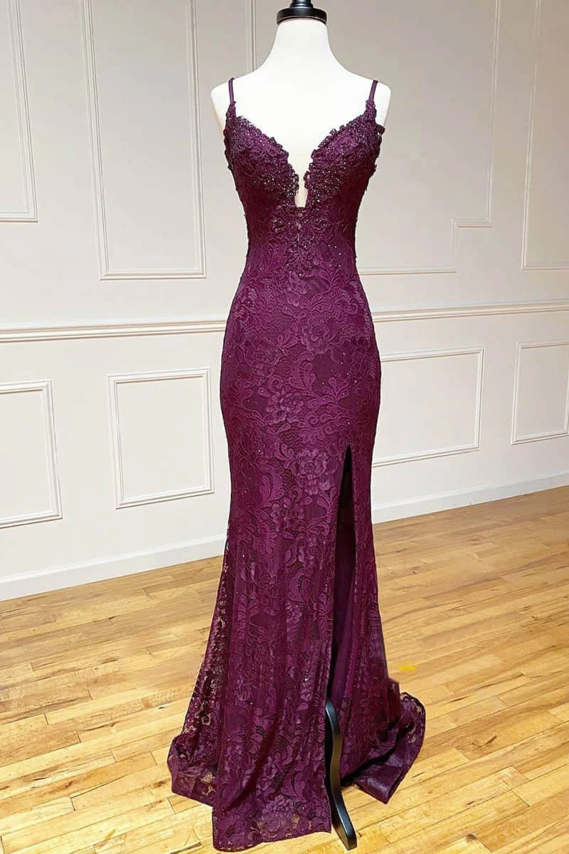 Tulle Mermaid V-neck Spaghetti Straps Prom Dresses With Slit