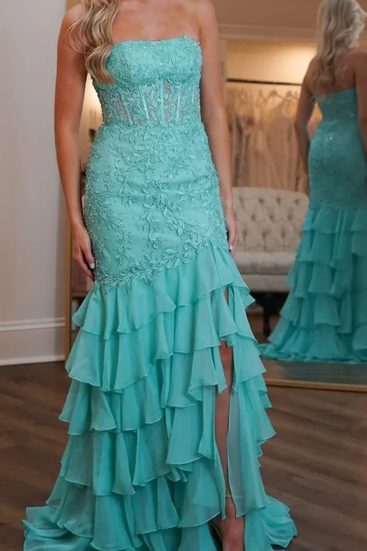 Cute Mermaid Strapless Floral Chiffon Long Prom Dress with Slit AB26012002