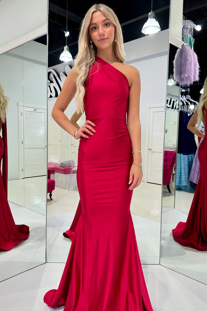 Red Satin Mermaid Long Evening Prom Dresses, Off Shoulder Custom Prom Dress, PM0141