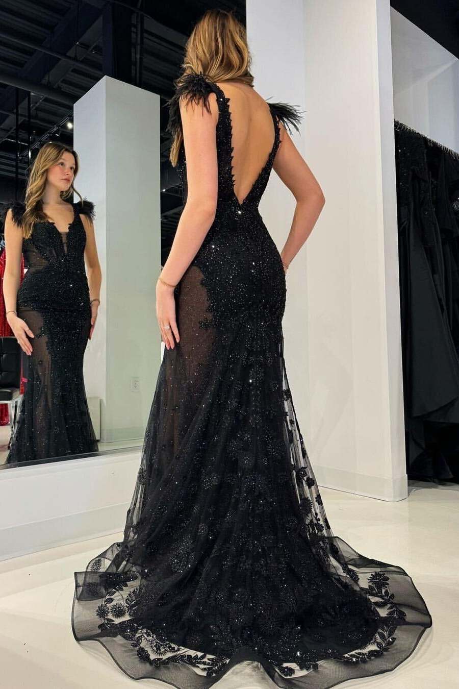 Black Mermaid V-Neck Beads Sleeveless Long Prom Dress with Feathers