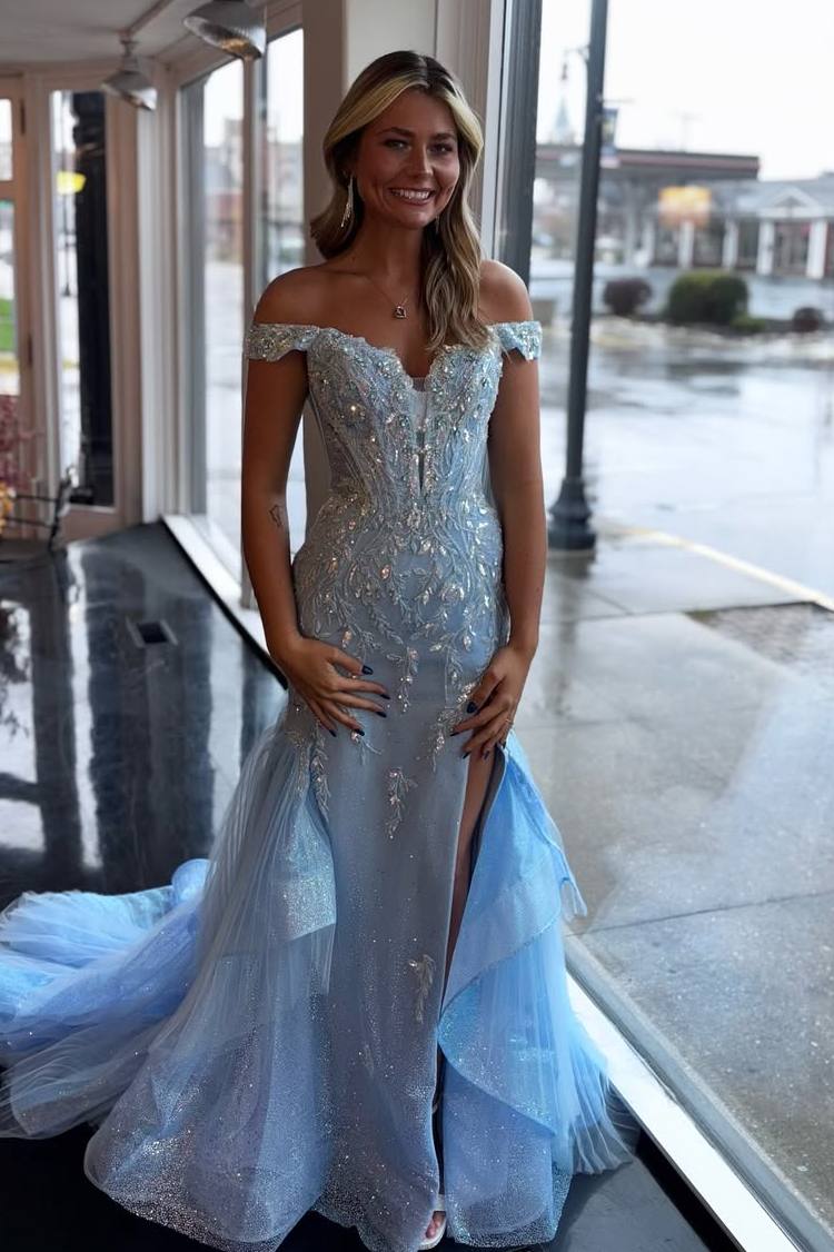Elegant V-neck Off The Shoulder Mermaid Appliques Prom Dresses main image 0