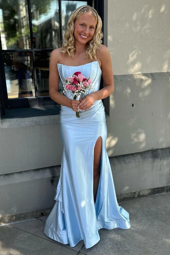 Pure White Scoop Satin Prom Dresses with Slit Side MOS12 main image 0