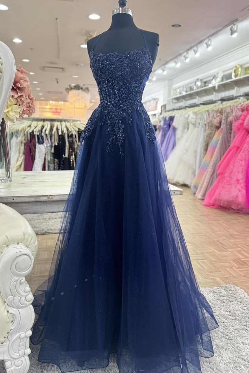 A Line Scoop Appliques Long Sleeves Satin Prom Dresses LBQ3430