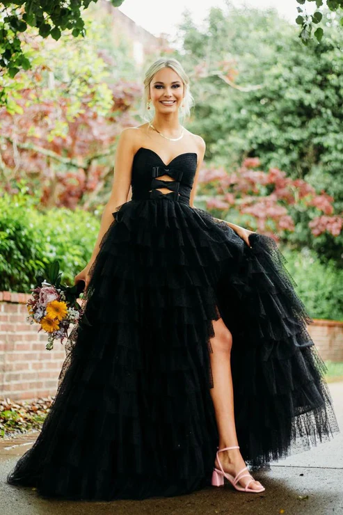 Black Strapless Bow Layered Tulle A-Line Empire-Waist Long Prom Dress Modsele Black Strapless Bow Layered Tulle A-Line Empire-Waist Long Prom Dress Modsele