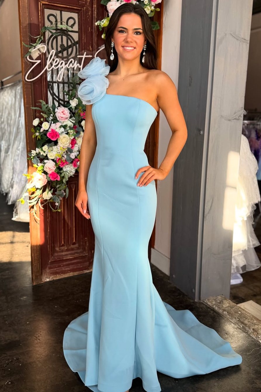 Elegant Floor Length One-should Sleeveless Mermaid Satin Prom Dress with Ruffles