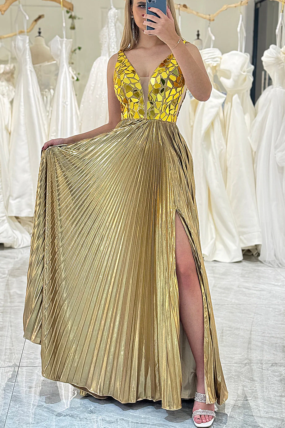 gold mirror prom dress A-Line V-Neck Mirror-Cut Sequins Metallic Pleated Formal wi – Modsele Color:MAUVE The Avery Dress in Dorelle See long gold formal